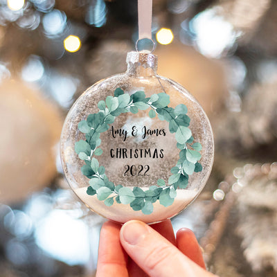 Personalised Family Christmas Wreath Glitter Glass Christmas Tree Bauble Ornament-Love Lumi Ltd