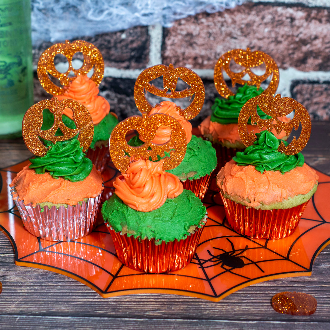 6 x Orange Glitter Acrylic Pumpkin Face Reusable Cupcake Toppers-Love Lumi Ltd