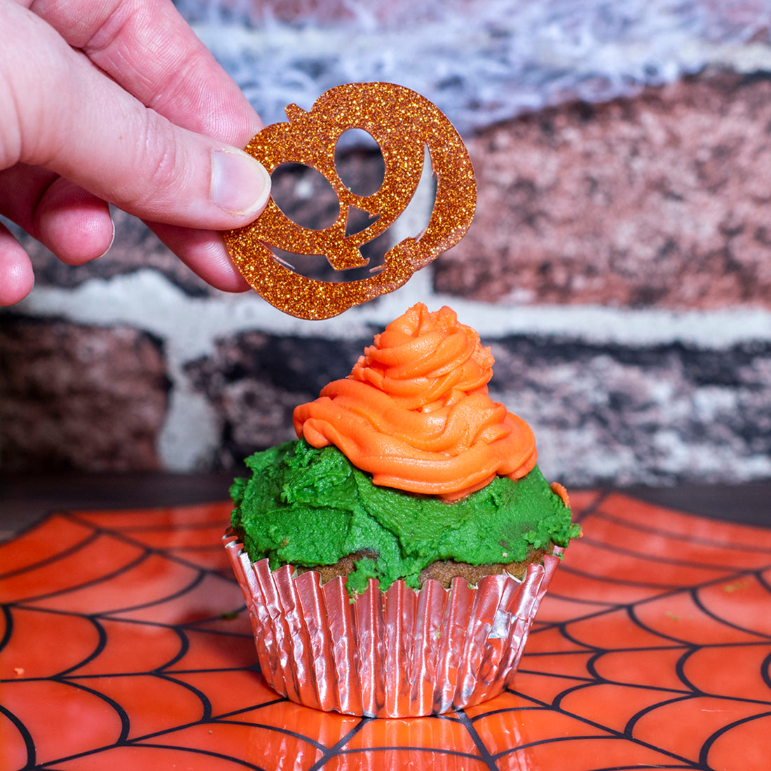 6 x Orange Glitter Acrylic Pumpkin Face Reusable Cupcake Toppers-Love Lumi Ltd