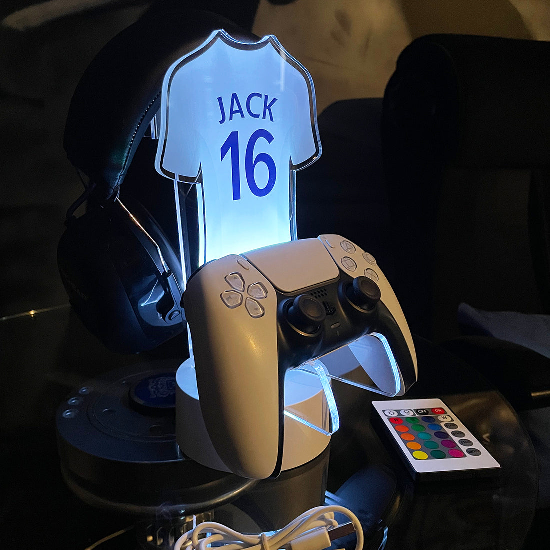 Colour Printed Neon Football Shirt Controller and Headset Gaming Station with Colour Changing light base-Love Lumi Ltd