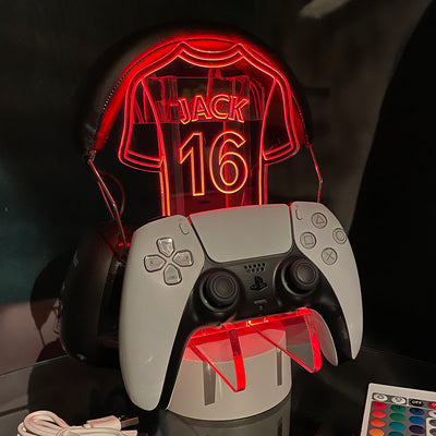 Personalised Neon Football Shirt Controller and Headset Gaming Station with Colour Changing light base-Love Lumi Ltd