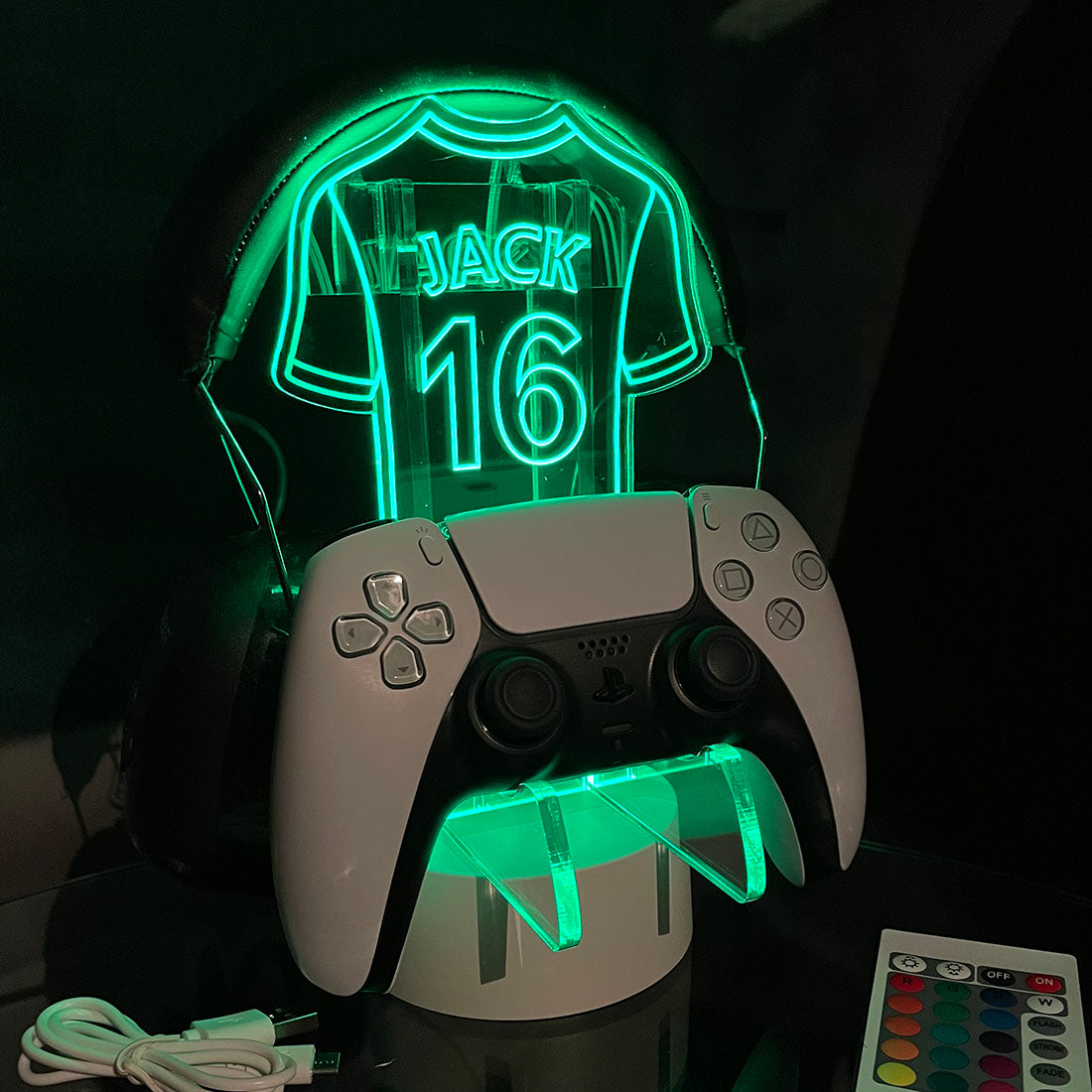 Personalised Neon Football Shirt Controller and Headset Gaming Station with Colour Changing light base-Love Lumi Ltd