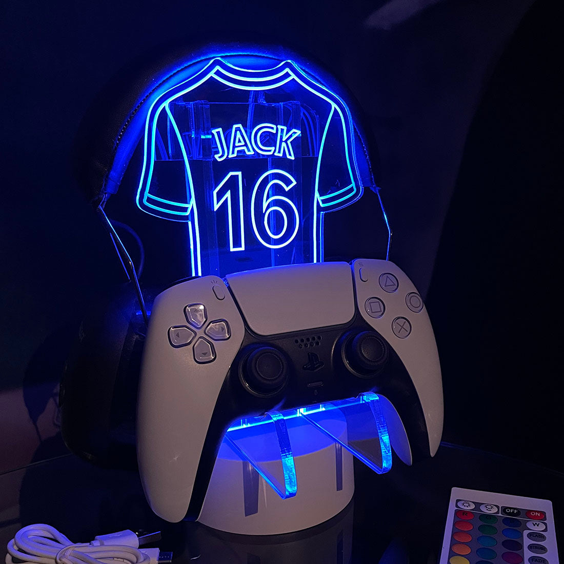 Personalised Neon Football Shirt Controller and Headset Gaming Station with Colour Changing light base-Love Lumi Ltd