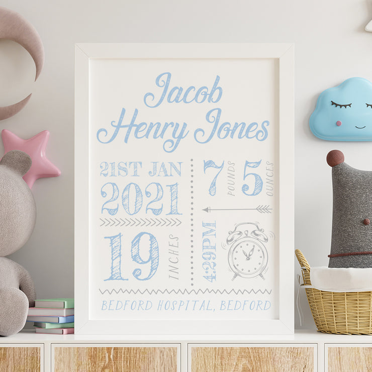 Personalised New Baby Birth Stats Hand Drawn Typographic 10x8" Print-Love Lumi Ltd