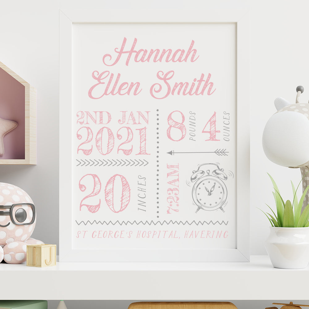 New Baby Birth Stats Hand Drawn Typographic Print-Love Lumi Ltd