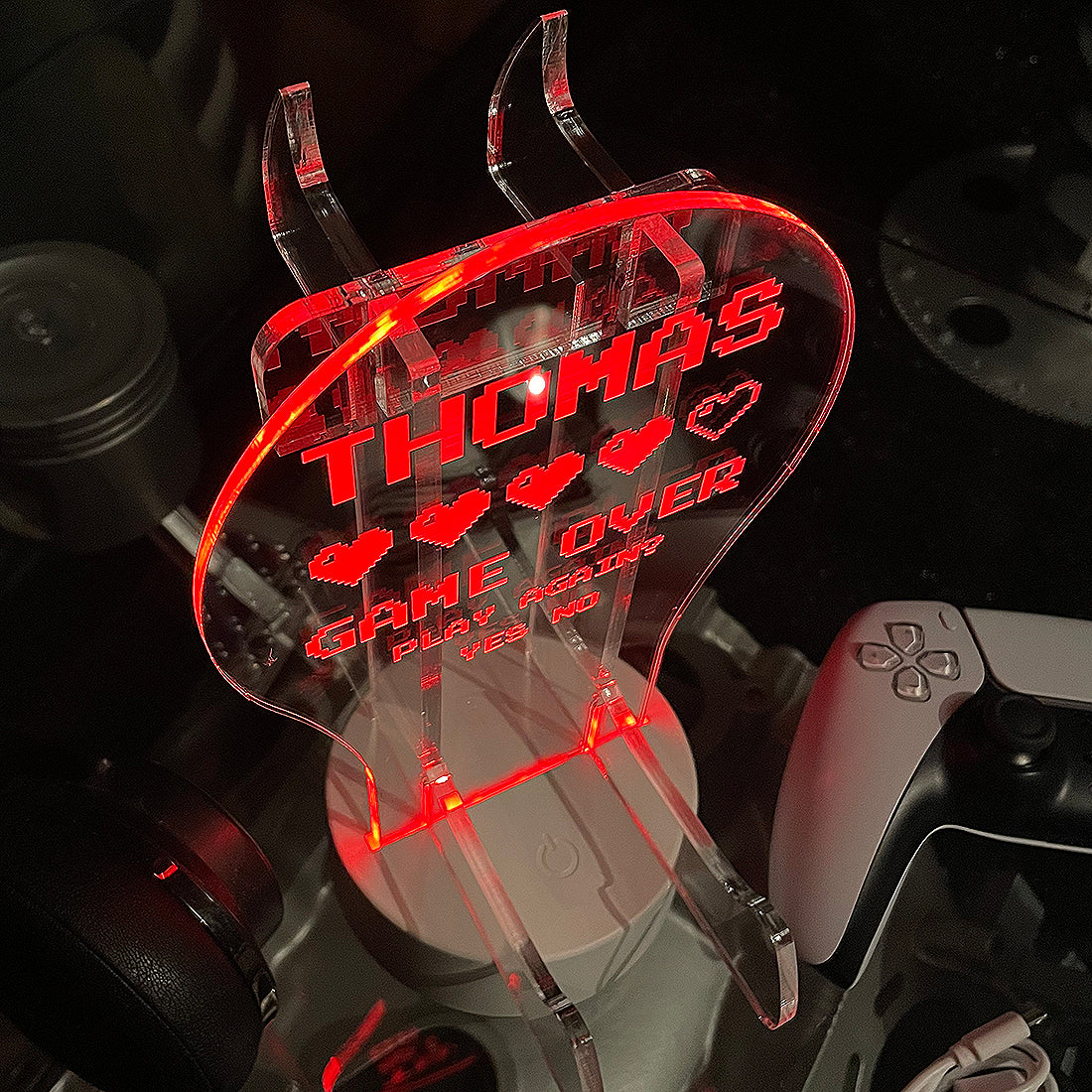 Personalised LED Light Retro Game Over Controller and Headset Gaming Station with Colour Changing base-Love Lumi Ltd