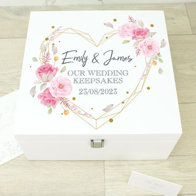 Personalised Geometric Floral Heart Wedding Wooden Memory Keepsake Box-Love Lumi Ltd