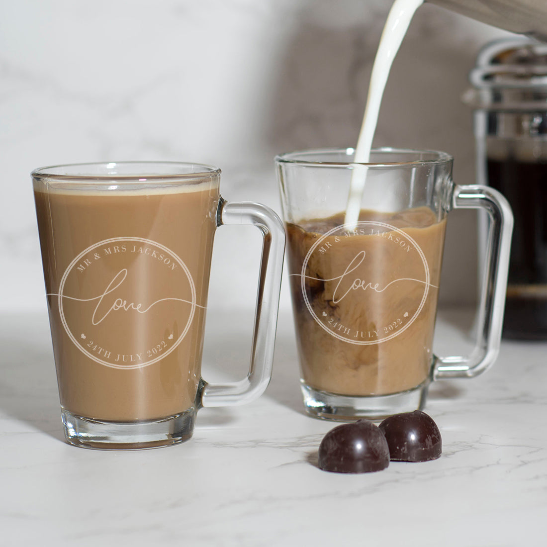Personalised Pair of Circle Love Frame Glass Hot Drink Mugs-Love Lumi Ltd