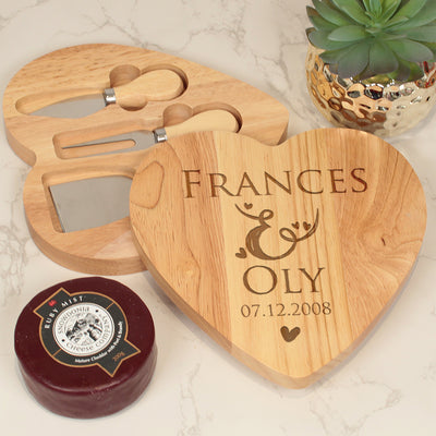 Personalised Heart Shaped Hearts Names and Date 3 Piece Wooden Cheese Board-Love Lumi Ltd