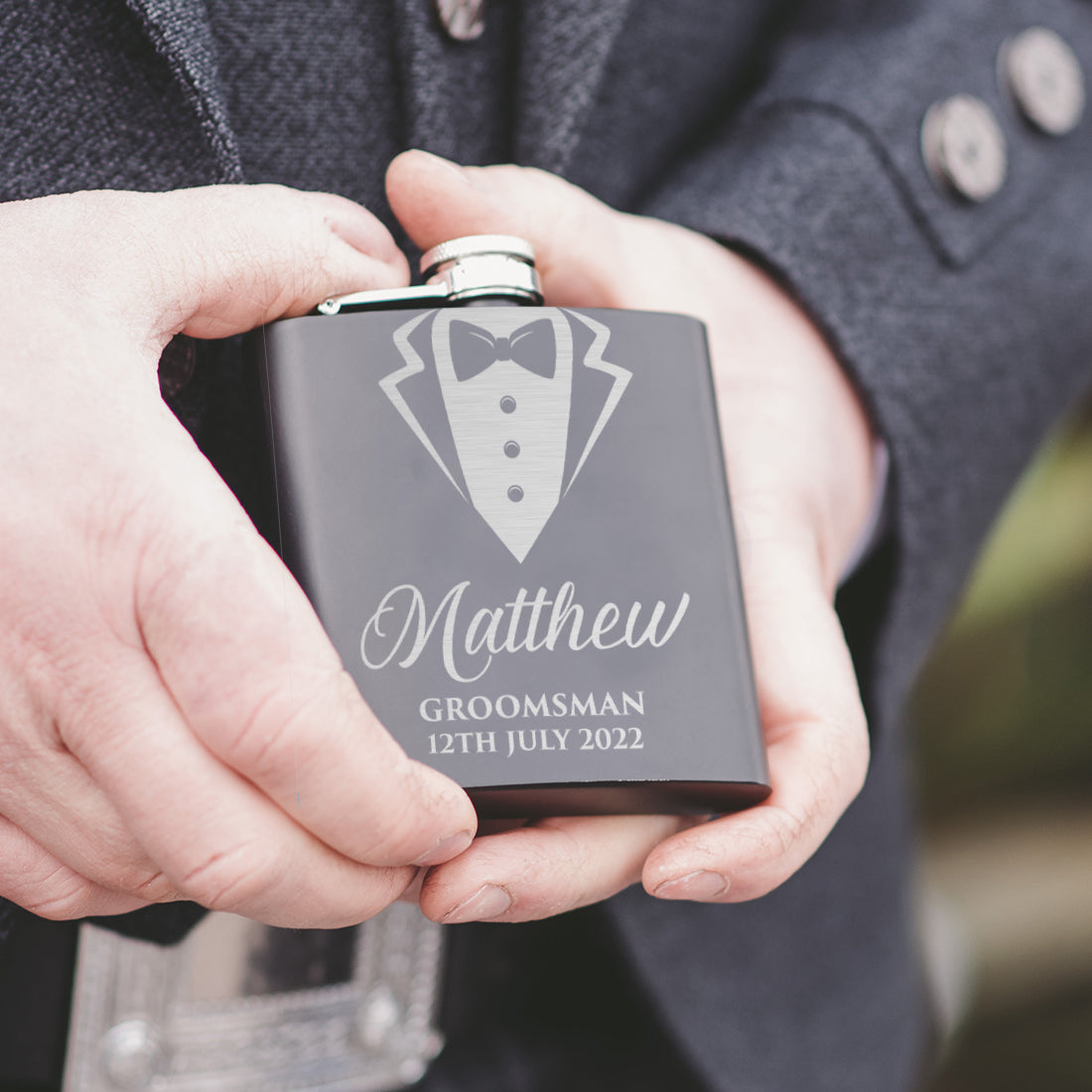 Personalised Tuxedo Groomsmen Matt Black Engraved Hip Flask-Love Lumi Ltd