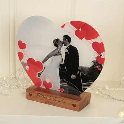 Personalised Wedding Anniversary Couples Gift Acrylic Heart Photo on Engraved Wooden Block Base-Love Lumi Ltd