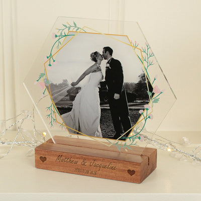 Personalised Photo Acrylic Hexagon on Engraved Wooden Block Base-Love Lumi Ltd