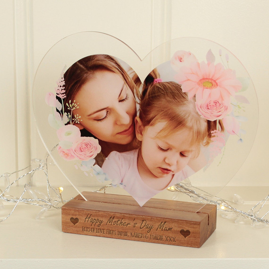 Acrylic Heart Photo on Printed Wooden Block Base-Love Lumi Ltd
