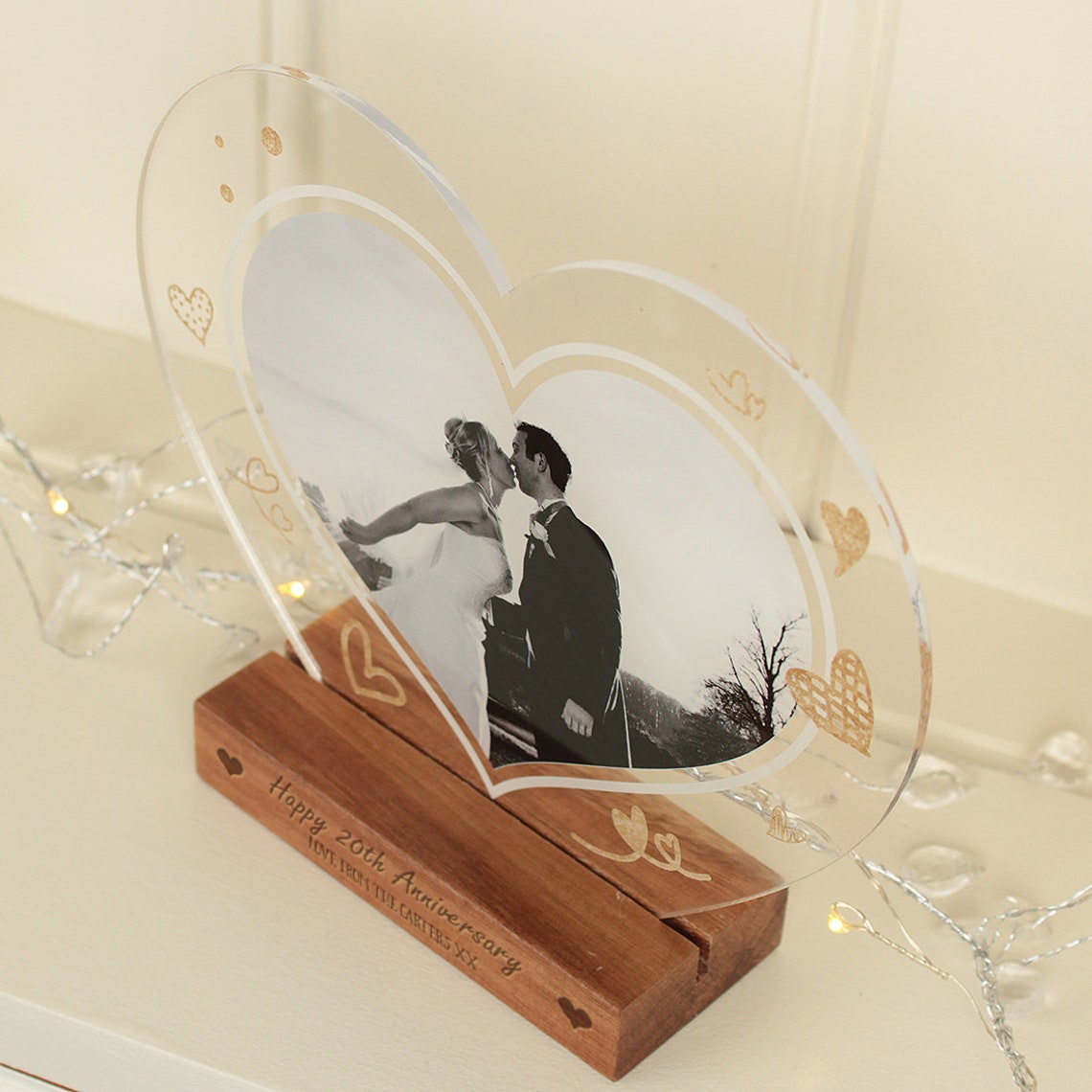 Wedding Anniversary Acrylic Heart Photo on Printed Wooden Block Base-Love Lumi Ltd