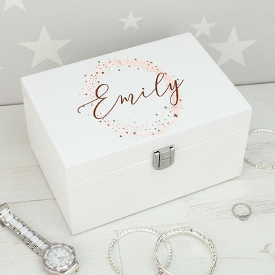 Personalised Rose Gold Sparkly Circle Wooden Jewellery Box with Mirror-Love Lumi Ltd