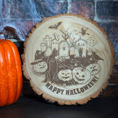 Happy Halloween Graveyard Log Wood Slice Sign Decoration-Love Lumi Ltd