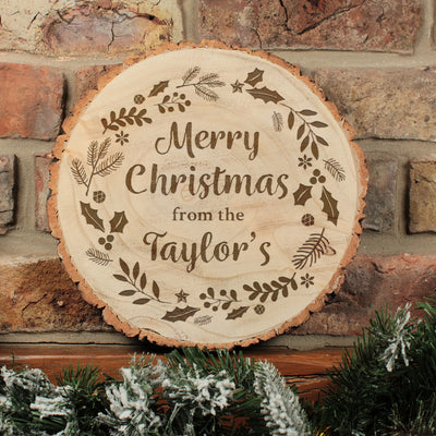 Merry Christmas Festive Wreath Tree Log Wood Slice Sign Decoration-Love Lumi Ltd