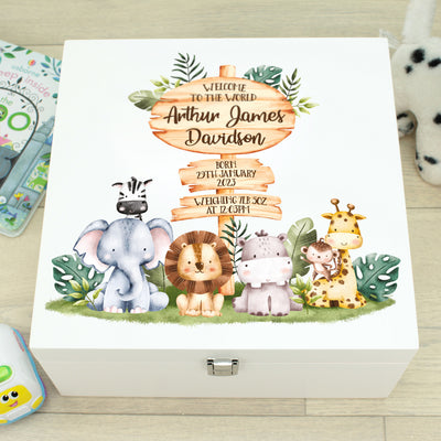 Personalised Jungle Animal Signpost Baby Children's Wooden Memory Keepsake Box-Love Lumi Ltd