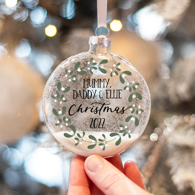 Personalised Mistletoe Wreath Family Christmas Glitter Glass Christmas Tree Bauble Ornament-Love Lumi Ltd