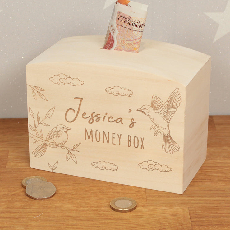 Birds Engraved Wooden Money Saving Box Piggy Bank-Love Lumi Ltd