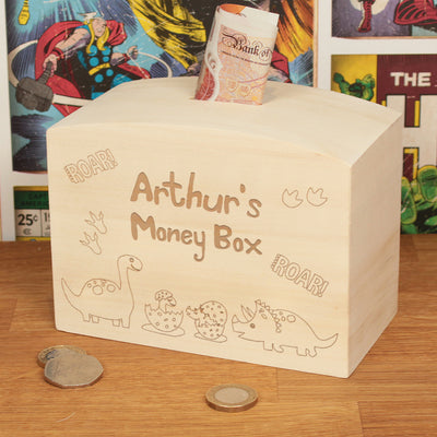 Personalised Dinosaur Engraved Wooden Money Saving Box Piggy Bank-Love Lumi Ltd