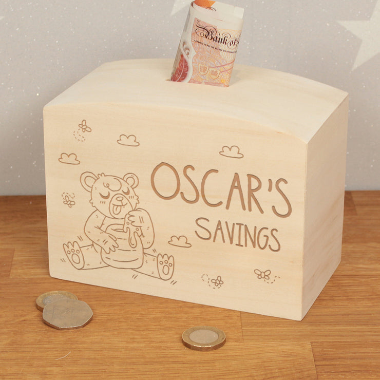 Personalised Honey Bear Engraved Wooden Money Saving Box Piggy Bank-Love Lumi Ltd