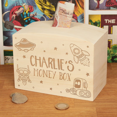 Personalised Space Aliens Engraved Wooden Money Saving Box Piggy Bank-Love Lumi Ltd