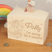 Personalised Saving for a Unicorn Engraved Wooden Money Box Piggy Bank-Love Lumi Ltd