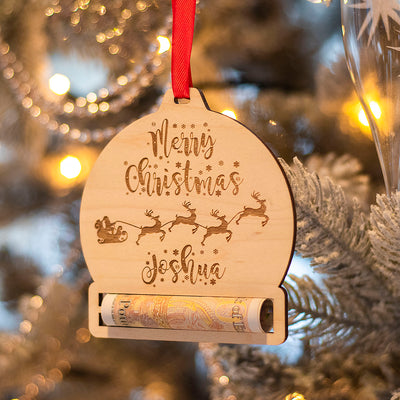 Personalised Santa's Sleigh Money Holder Christmas Tree Decoration Bauble-Love Lumi Ltd