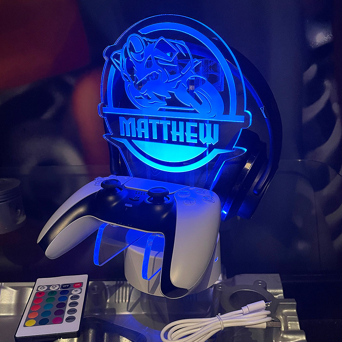 Personalised LED Light Racing Motorbike Controller and Headset Gaming Station with Colour Changing base-Love Lumi Ltd