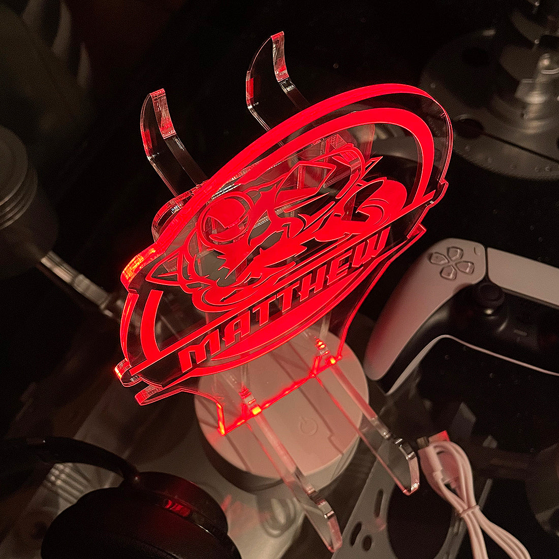 Personalised LED Light Racing Motorbike Controller and Headset Gaming Station with Colour Changing base-Love Lumi Ltd