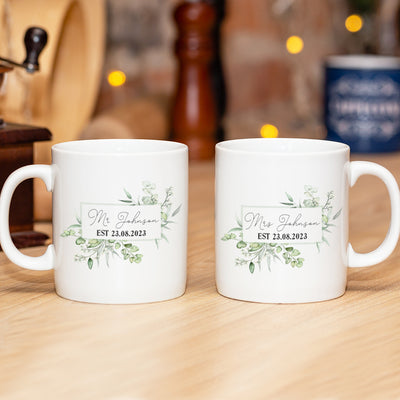 Personalised Mr & Mrs Couple Gift Eucalyptus Wedding Mugs-Love Lumi Ltd