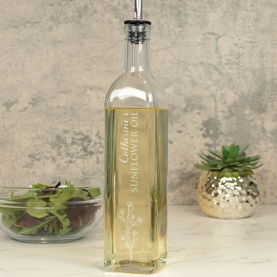 Personalised Engraved Floral Botanical Glass Olive Oil or Vinegar Bottle with Pourer-Love Lumi Ltd