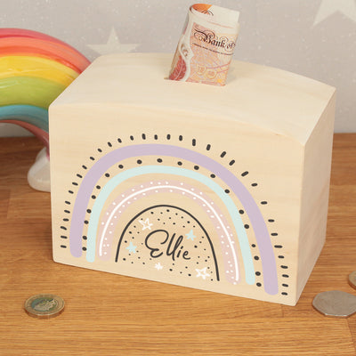 Personalised Pastel Rainbow Natural Wooden Money Saving Box Piggy Bank-Love Lumi Ltd