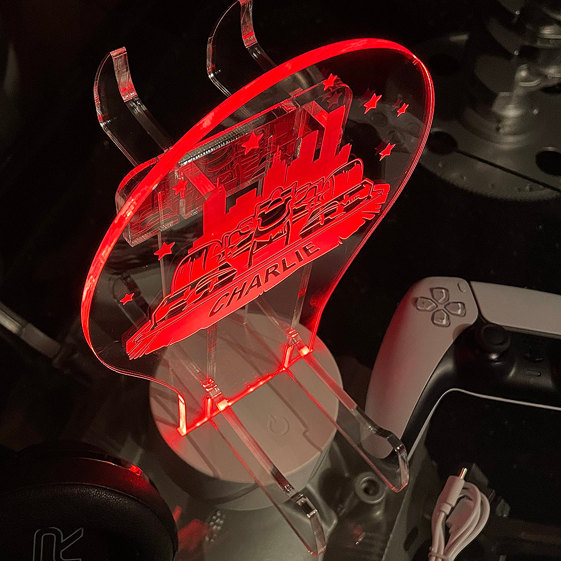 Personalised LED Light Racing Car Controller and Headset Gaming Station with Colour Changing base-Love Lumi Ltd