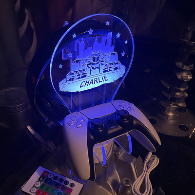 Personalised LED Light Racing Car Controller and Headset Gaming Station with Colour Changing base-Love Lumi Ltd