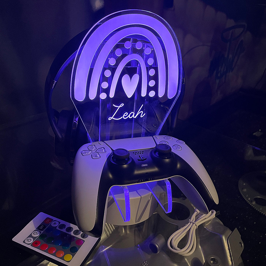 Personalised LED Light Rainbow Controller and Headset Gaming Station with Colour Changing base-Love Lumi Ltd