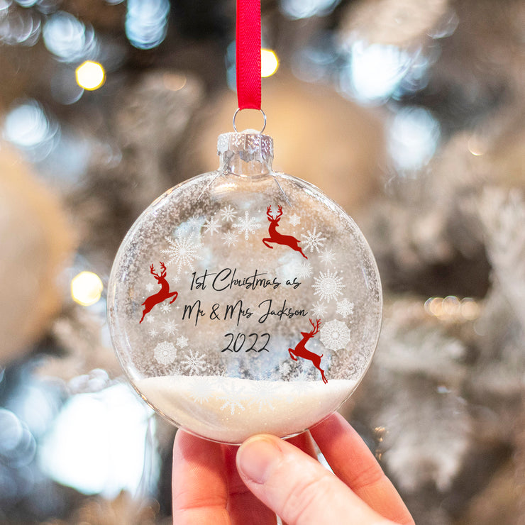 Personalised Reindeer Wreath 1st Christmas Married Glitter Glass Christmas Tree Bauble Ornament-Love Lumi Ltd