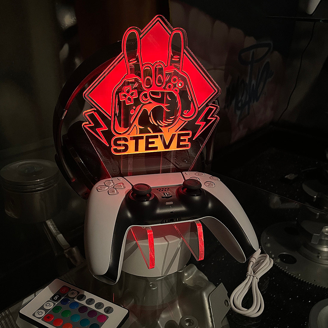 Personalised LED Light Rock Hand Controller and Headset Gaming Station with Colour Changing base-Love Lumi Ltd