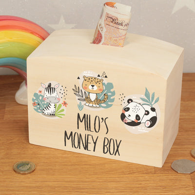Personalised Safari Animals Natural Wooden Money Saving Box Piggy Bank-Love Lumi Ltd