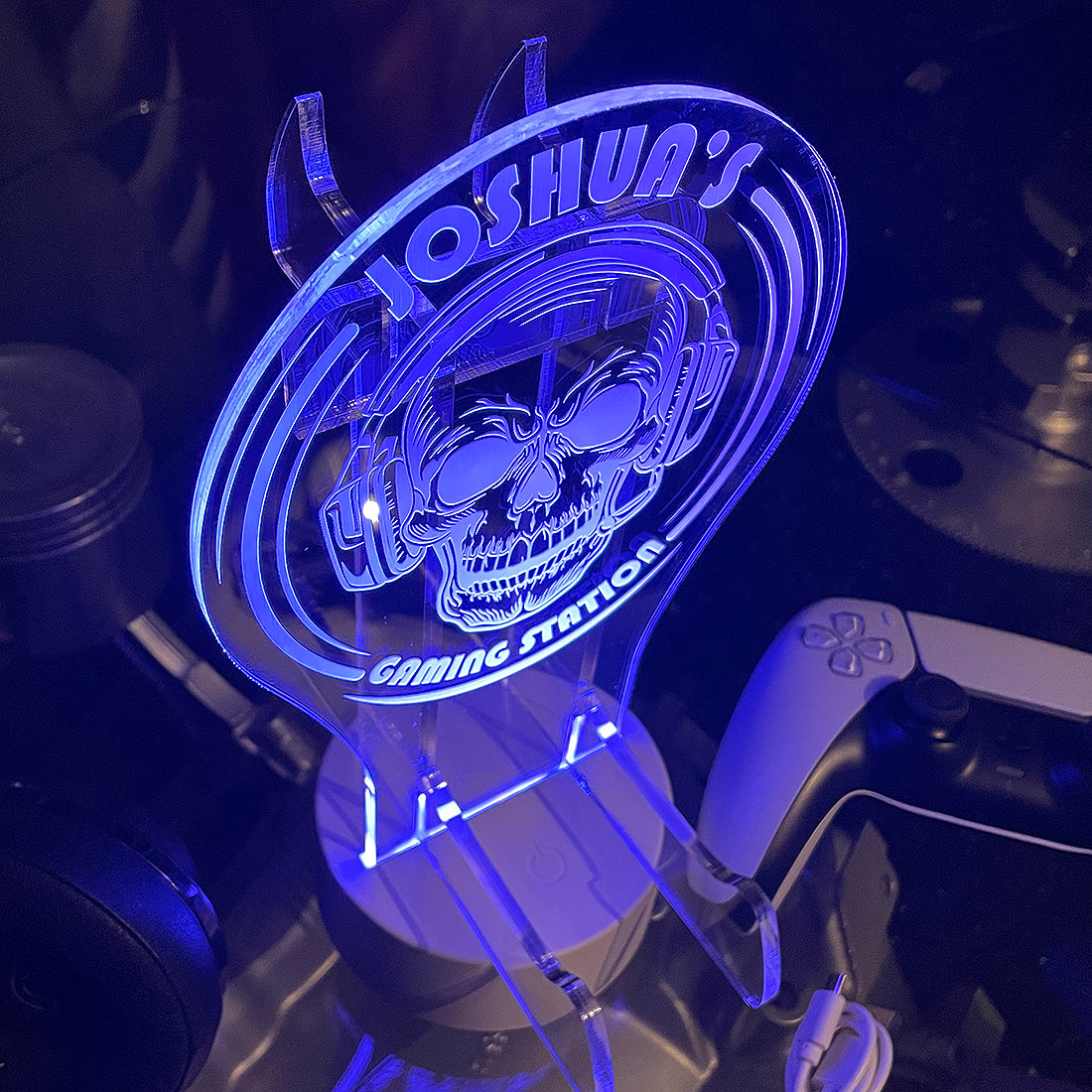 Personalised LED Light Gamer Skull Controller and Headset Gaming Station with Colour Changing base-Love Lumi Ltd