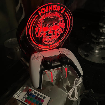 Personalised LED Light Gamer Skull Controller and Headset Gaming Station with Colour Changing base-Love Lumi Ltd