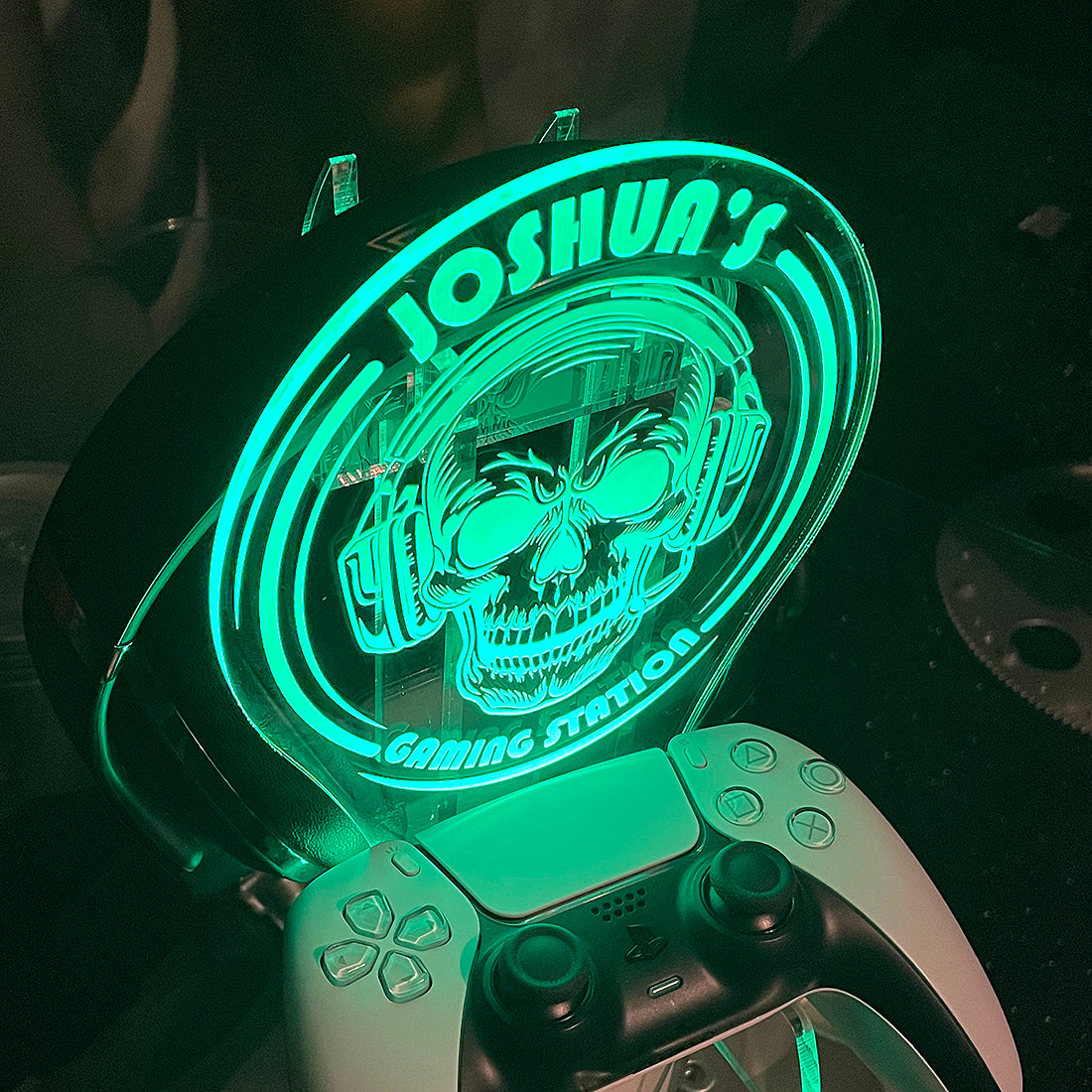 Personalised LED Light Gamer Skull Controller and Headset Gaming Station with Colour Changing base-Love Lumi Ltd