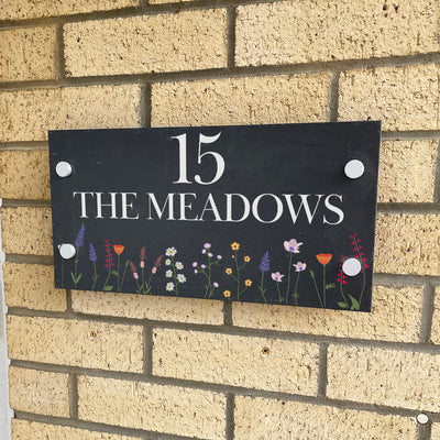 Personalised Wild Flowers Slate House Number or Name Wall Mounted Sign-Love Lumi Ltd