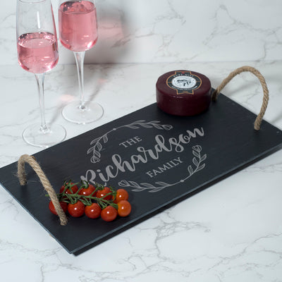 Personalised Floral Wreath Family Name Rope Handled Slate Serving Platter Cheese Board-Love Lumi Ltd