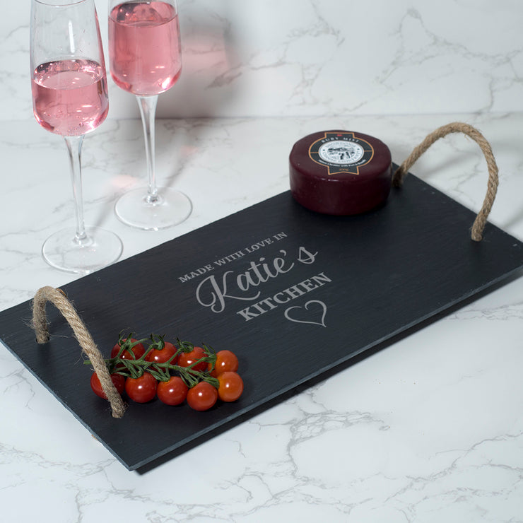 Personalised Made With Love Rope Handled Slate Serving Platter Board-Love Lumi Ltd