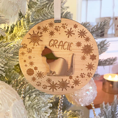 Snowflake Wreath Pet Cat Wood and Acrylic Christmas Tree Decoration-Love Lumi Ltd