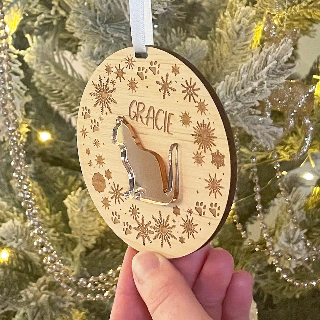 Snowflake Wreath Pet Cat Wood and Acrylic Christmas Tree Decoration-Love Lumi Ltd