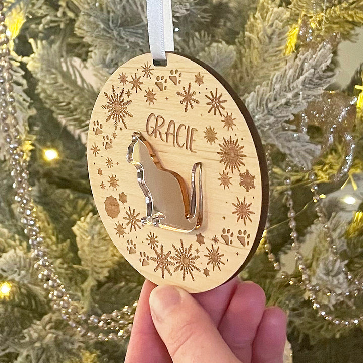 Snowflake Wreath Pet Cat Wood and Acrylic Christmas Tree Decoration-Love Lumi Ltd