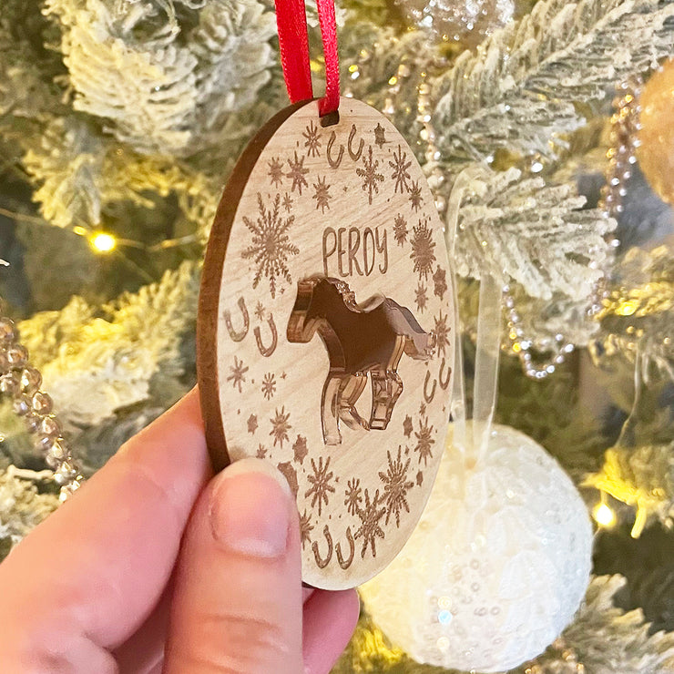 Snowflake Wreath Pet Horse Wood and Acrylic Christmas Tree Decoration-Love Lumi Ltd